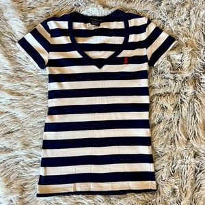 Polo Ralph Lauren Sport V Neck T Shirt Navy White Stripe